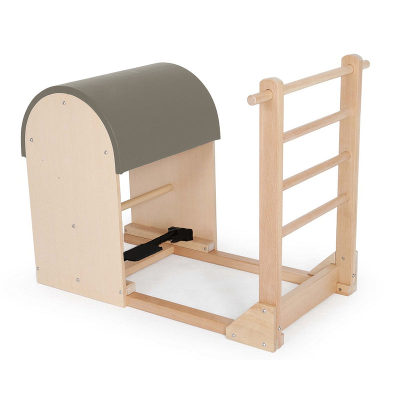 Elina Pilates Ladder Barrel with wooden base in olive grey made-to-order upholstery