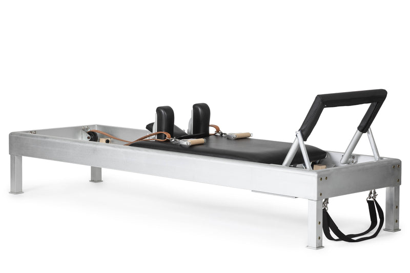 Classic Aluminium Reformer 86" in black with leather straps and wooden handles