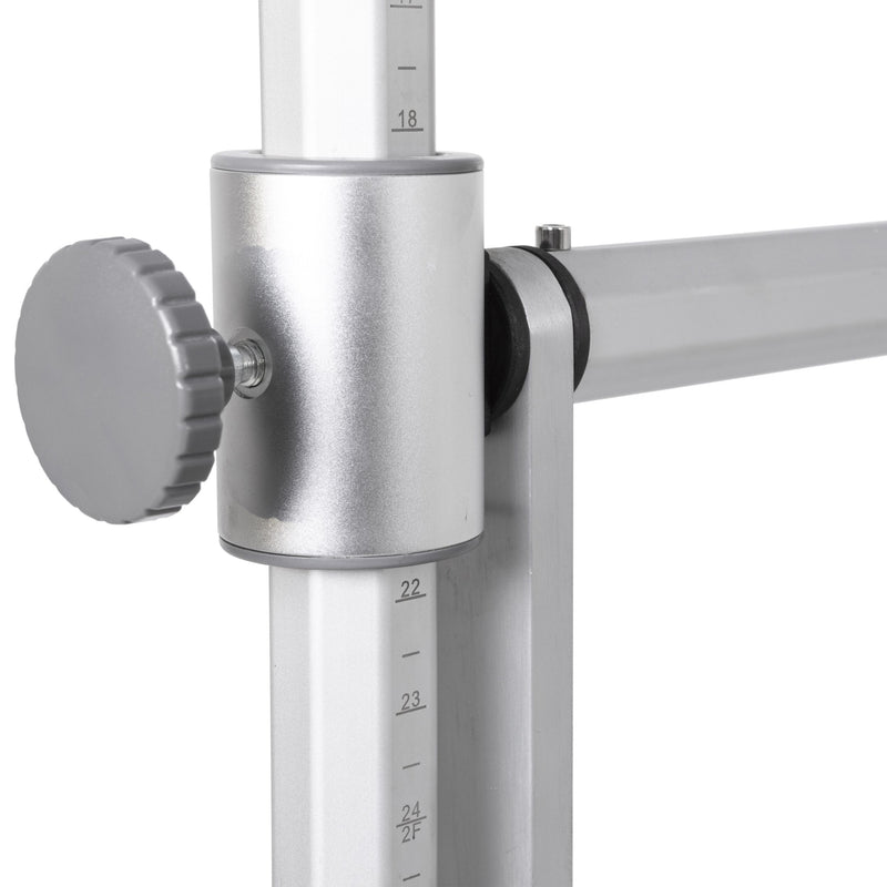 Numbered tower upright with measurement scale and clamp knob