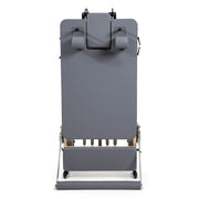 Rear view of the folded Fold Reformer standing upright, grey