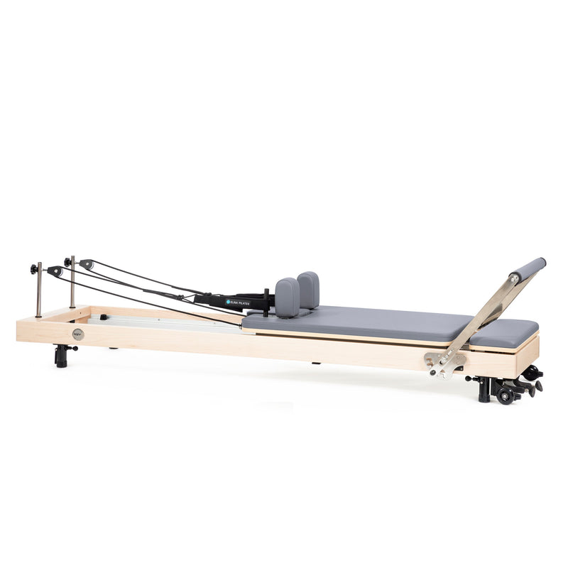Vertical Reformer with sitting box and jump board raised, grey