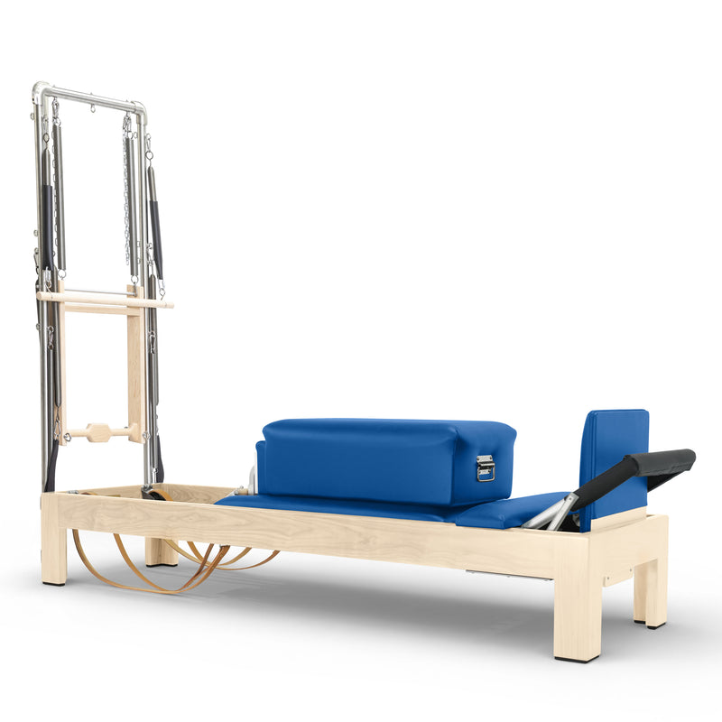 Classic Natural Wood Reformer with Tower in blue upholstery — made-to-order colourway