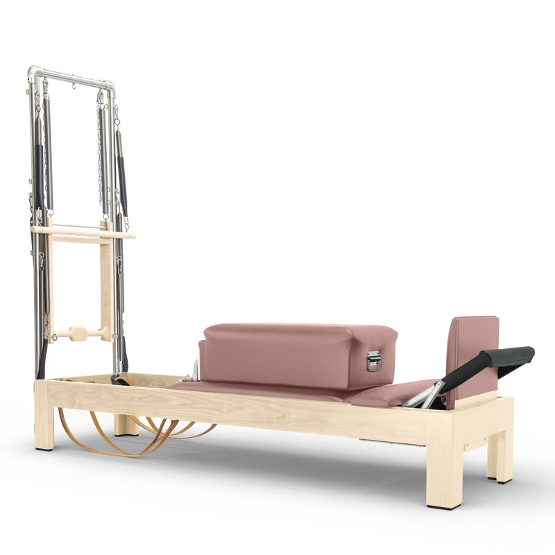 Classic Natural Wood Reformer with Tower in dusty rose upholstery — made-to-order colourway