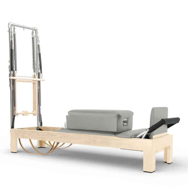 Classic Natural Wood Reformer with Tower in iceberg grey upholstery