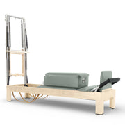 Classic Natural Wood Reformer with Tower in sage upholstery — made-to-order colourway