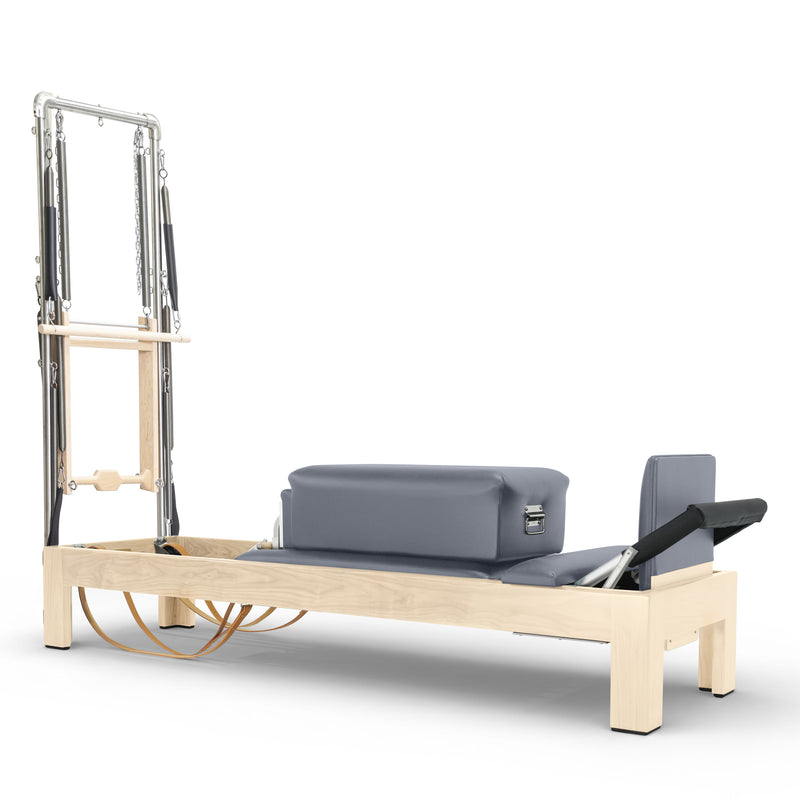 Classic Natural Wood Reformer with Tower in slate blue-grey upholstery