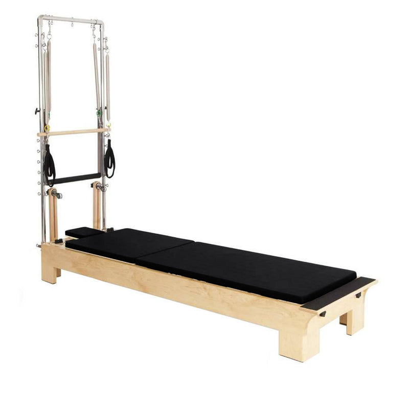 Elina Pilates Wood Reformer with Tower, black, side view with mat laid flat