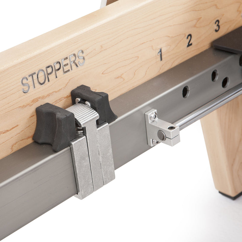 Elite Wood Reformer carriage stopper rail detail